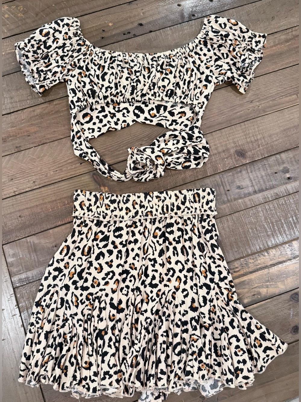 Indikah Leopard Print Two-Piece Skirt Set in Beige NWOT